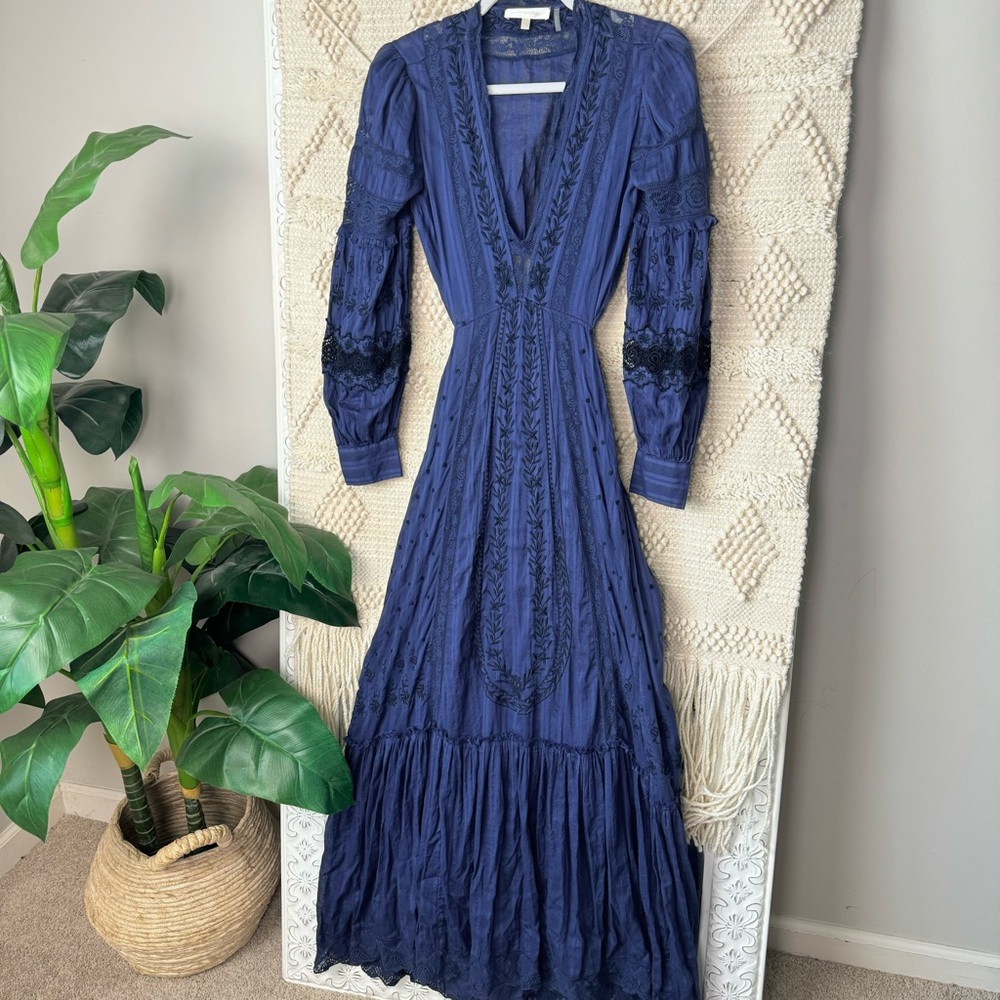 LoveShackFancy Aneesha Cutout Embroidered Cotton-voile Maxi Dress Blue XS - Picture 4 of 10